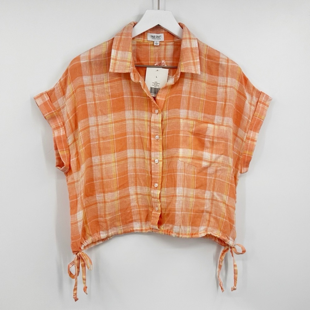 True Craft Orange Plaid Cropped Button Shirt Size Large Linen Blend